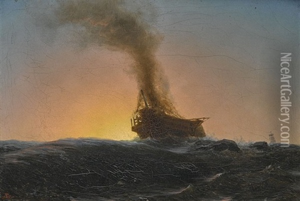 Burning Ship On The Open Sea Oil Painting - Albert Bierstadt