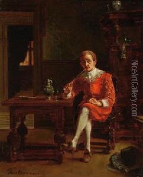 A 17th Century Interior With A Pipe Smoking Gentleman Oil Painting - Franz Moormans