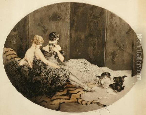 Les Chatons(spilled Milk) Oil Painting - Louis Icart
