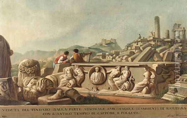 A view of Tyndareus from the South, with figures by a sarcophagus and fragments of scuplture, the ruins of a temple Oil Painting - Luigi Mayer