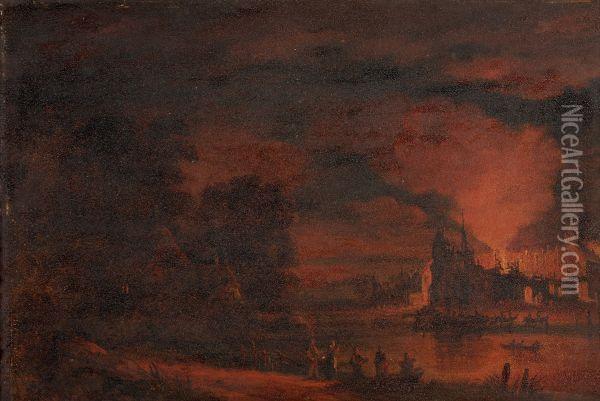 Follower Of Egbert Lievensz. Van Der Poelfigures Fleeing From A Burning Village Oil Painting - Egbert van der Poel