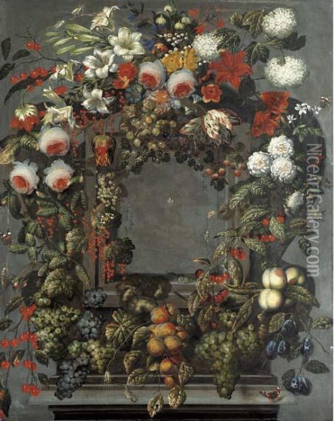 A Garland Of Lilies, Rose, Tulips And Other Flowers With Bunches Of Black And White Grapes On The Vine, Cherries, Strawberries And Other Fruit Around A Stone Niche With A Spider Oil Painting - Ottmar The Elder Elliger
