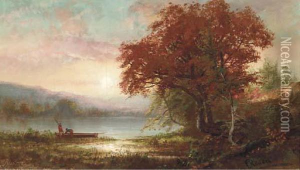 Sunrise Over A Lake With Figures And Boat Onshore Oil Painting - Frederick Rondel Sr.
