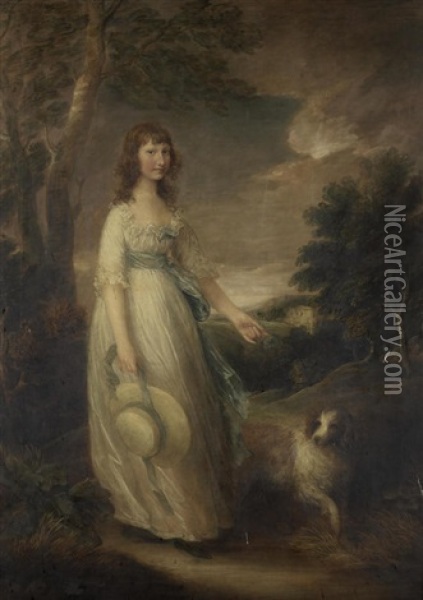 Portrait Of Mary-jane Ormsby Of Porkington, Full-length, With Her Dog Oil Painting - Gainsborough Dupont