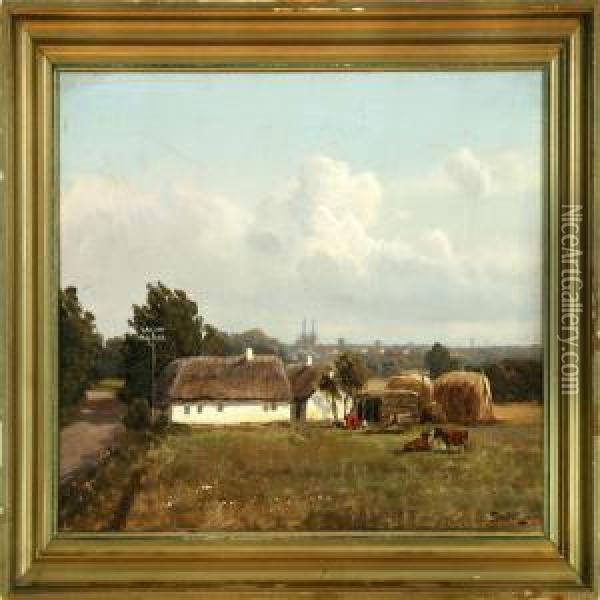 Danish Autumn Landscape With A Farm Outside Roskilde Town Oil Painting - Edmund Fischer