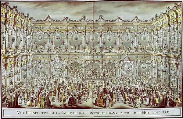 Perspective view of the ballroom constructed in the courtyard of the Hotel de Ville in Paris on the occasion of the Dauphin's first marriage to Marie-Therese (1638-83) Infanta of Spain Oil Painting - Charles-Nicolas II Cochin