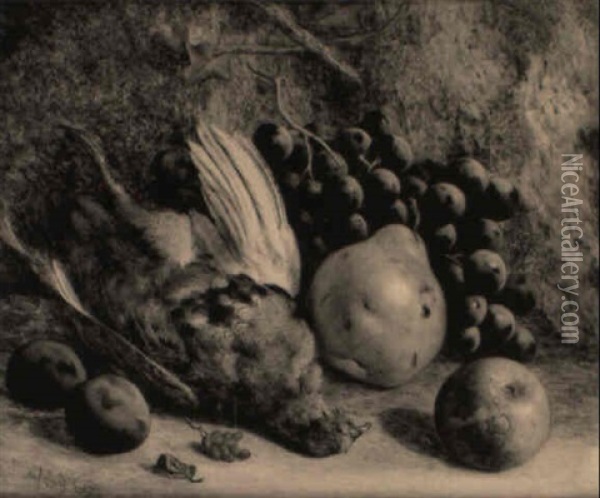 Still Life With Game, Grapes, A Pear, Plums And An Apple Oil Painting - William Hughes