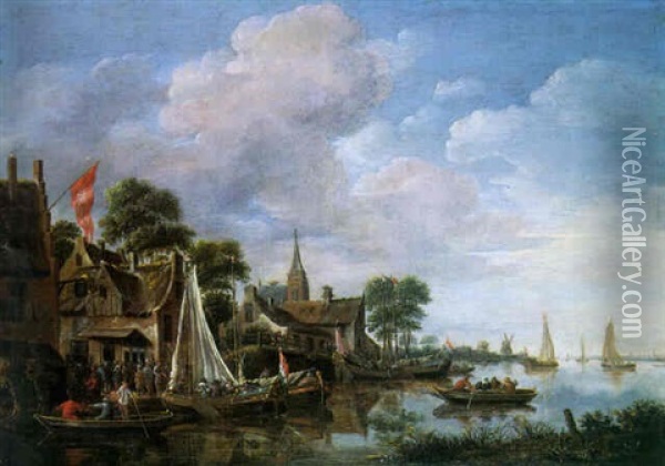 A Village By A River With Townsfolk Arriving In A Ferry Oil Painting - Thomas Heeremans