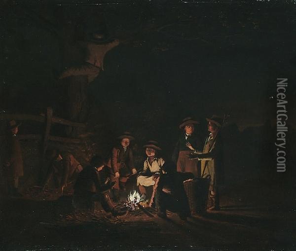 A Night Scene With Agricultural Labourers Warming Themselves Beside A Fire In A Field Oil Painting - Egbert van der Poel