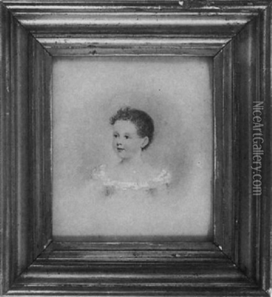 A Charming Portrait Of A Young Child, In White Smock With Frilled Neckline, Her Curled Auburn Hair Cropped Short Oil Painting - Adam Buck
