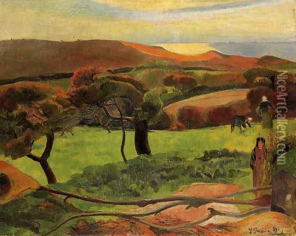 Breton Landscape Fields By The Sea Aka Le Pouldu Oil Painting - Paul Gauguin