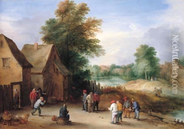 A Village Scene With Boors Playing Skittles Outside A Tavern Oil Painting - Theobald Michau