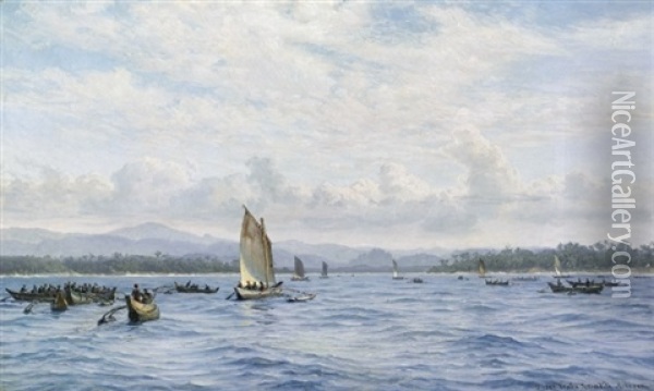 Kystparti Fra Ceylon Med Adskillige Bade Og Figurer Oil Painting - Vilhelm Karl Ferdinand Arnesen