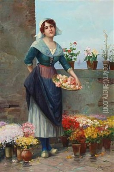 A Woman Sells Flowers Oil Painting - Josef Johann Suess