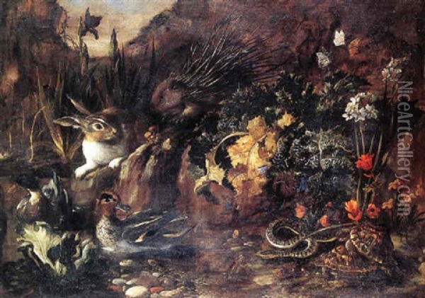 Forest Floor Still Life With A Porcupine, Rabbit, Ducks, Tortoises, And A Snail Oil Painting - Paolo Porpora