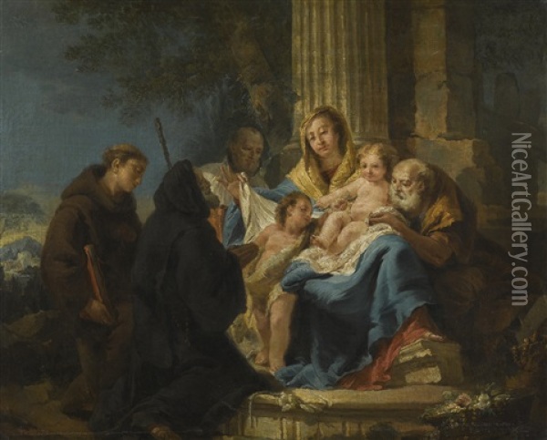 The Holy Family With Saint Francesco Di Paola And A Franciscan Saint Oil Painting - Francesco Lorenzi