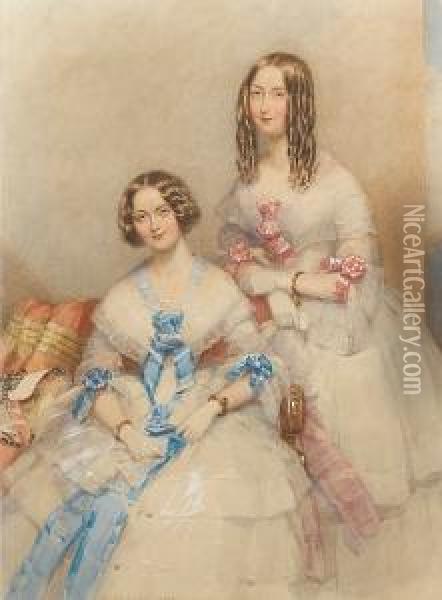Two Young Ladies, The One On The
 Left Wearingwhite Dress With Lace Bertha And Flounced Skirt, The Bodice
 Andthree-quarter Length Sleeves Lavishly Trimmed With Knots Of 
Blueribbon, Short White Gloves And Gold Bracelets On Her Wrists, 
Herbrown Hair  Oil Painting - Francois Theodore Rochard