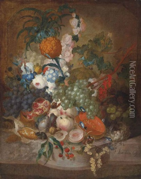 Roses, Morning Glory, An Iris And Other Flowers, With Grapes, Peaches, Pears, A Pineapple And Other Fruit, And A Mouse, Butterflies, Snails Oil Painting - Jan van Os