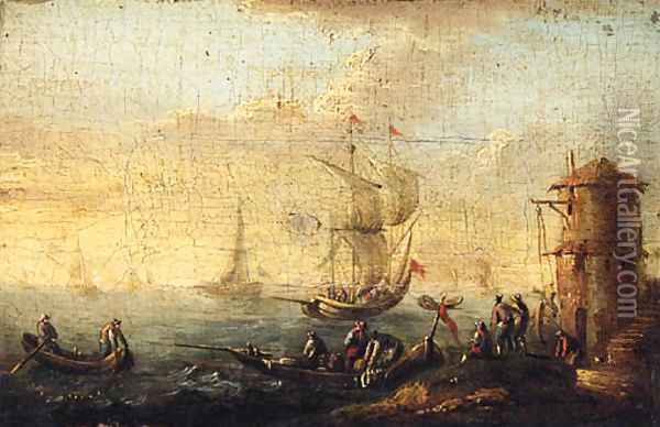 Rowing boats by a shoreline, a kaag beyond; and A shipwrecked sailing boat off a rocky coastline Oil Painting - Bonaventure II Peeters