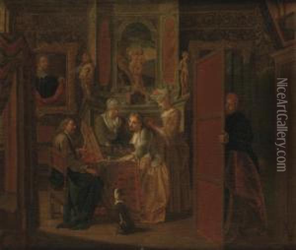 A Richly Decorated Interior With
 A Lady At Her Toilet Attended By A Gentleman And Servants, A Man 
Peeking From Behind A Room Divider Oil Painting - Jan Josef, the Elder Horemans