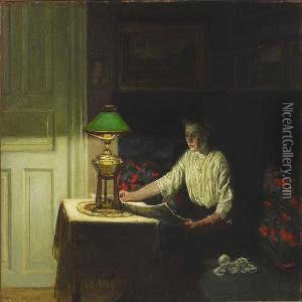 Interior With Woman Readingby The Lamp Light Oil Painting - Fritz Kraul
