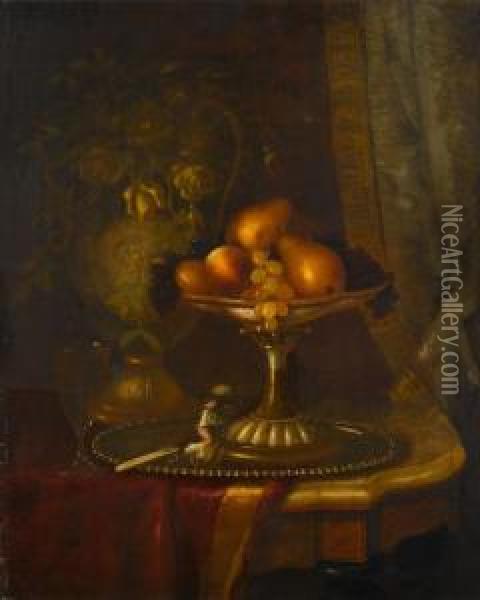 Still Life With Tazza, Fruit And Roses. Oil Painting - Morston Constantine Ream