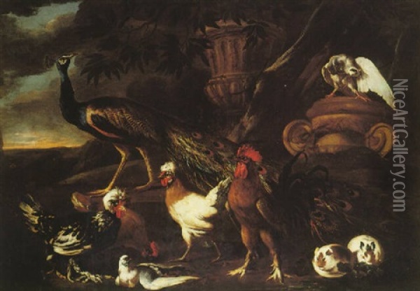 A Peacock Cockerel, Hens, Guinea, Pigs And Pigeons In A Landscape Oil Painting - Pieter Casteels III