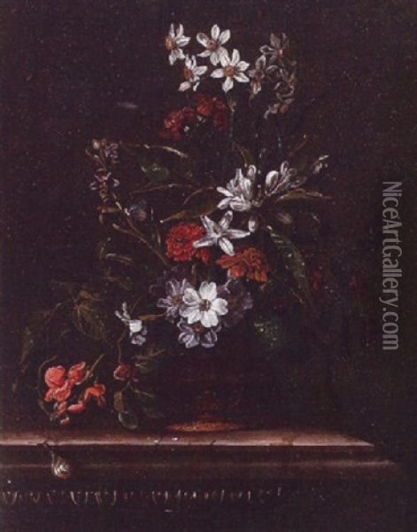 Still Life Of Flowers In An Ormulu Mounted Copper Vessel, A Sanil And A Butterfly All Upon A Marble Frieze Oil Painting - Jacques Samuel Bernard