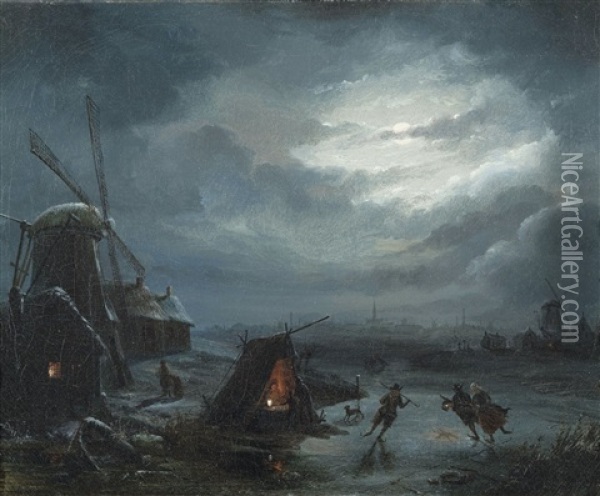 View Of A Frozen Landscape At Night Oil Painting - Jan Baptiste Tetar van Elven
