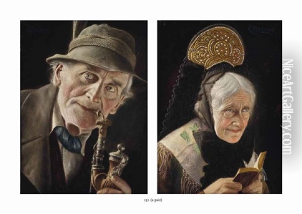 A Man Smoking; A Lady Reading (2 Works) Oil Painting - Christian Heuser