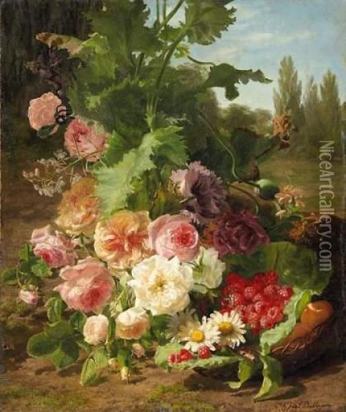 Rose- And Fruit Still Life In Front Of A Summer Landscape Oil Painting - K. Hague