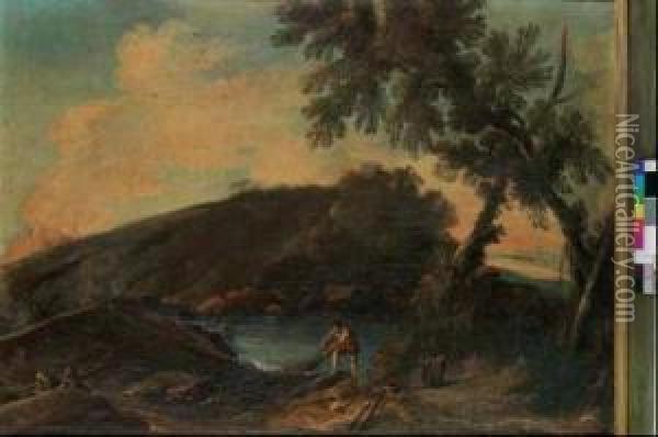 A) Paesaggio Con Pescatore B) Paesaggio Con Lavandaie Oil Painting - Bartolomeo Pedon