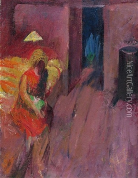 Rotes Interieur Mit Sitzender Frau Oil Painting - Werner Neuhaus