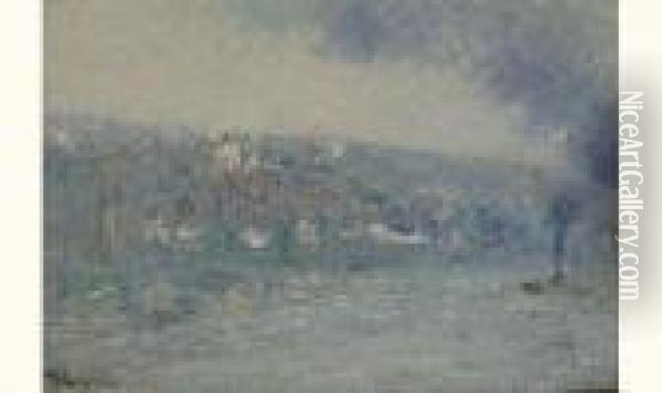 Remorqueurs Sur La Seine, Bougival, Circa 1900 Oil Painting - Gustave Loiseau