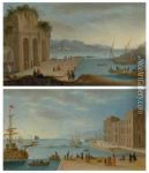 Deux Ports Italianisants Au Lever Et Au Coucher Du Soleil Oil Painting - Orazio Grevenbroeck