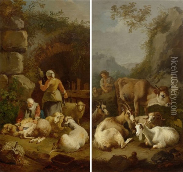 Pair Of Works: Sheep Shearing And Young Herdsman With Goat And Oxen Oil Painting - Francesco Londonio