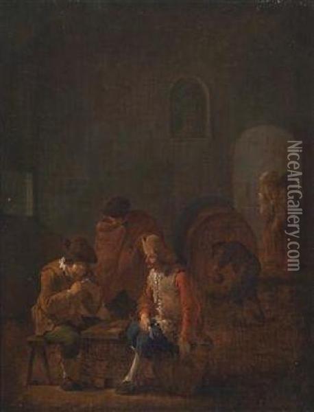 Card-playing And Carousing Peasants In A Vaulted Cellar Oil Painting - Andries Dirksz. Both