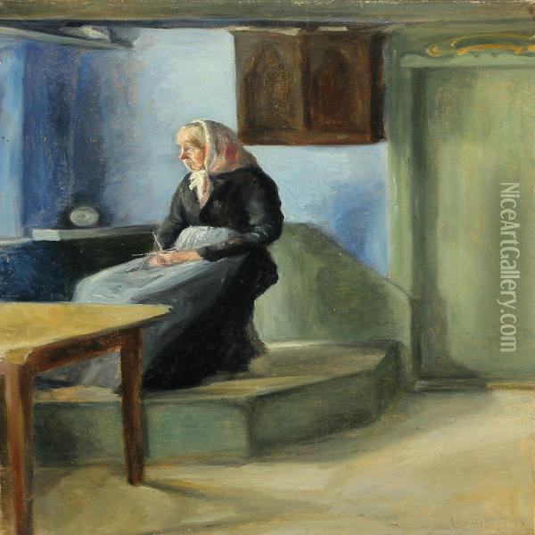 Interior With Crocheting Woman Oil Painting - Nanna Levison