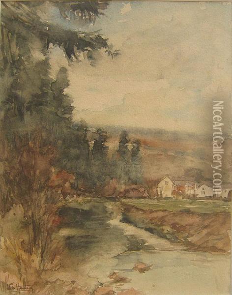 Landschap Met Dorp. Oil Painting - Theodore Hannon