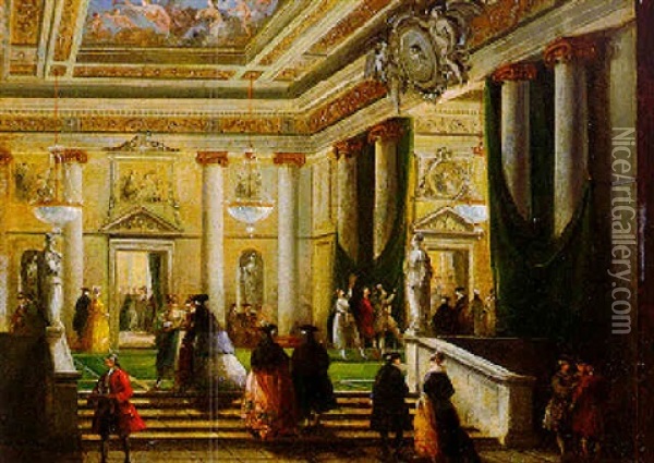 Figures In The Lobby Of La Fenice Oil Painting - Giuseppe Bernardino Bison