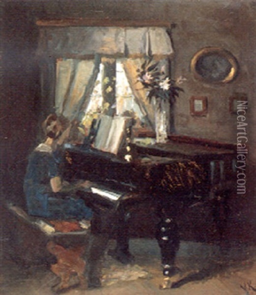 Interior Med Klaverspillende Pige Oil Painting - Valdemar Kornerup