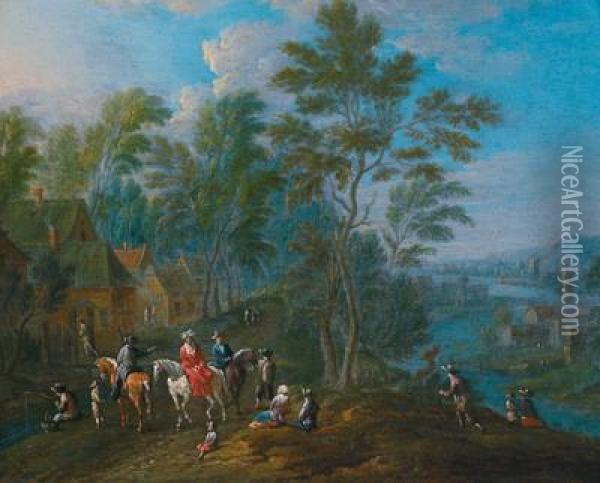 Paesaggio Fluviale Con Cavalieri Eleganti Davanti A Una Cascina Oil Painting - Maximilian Blommaerdt