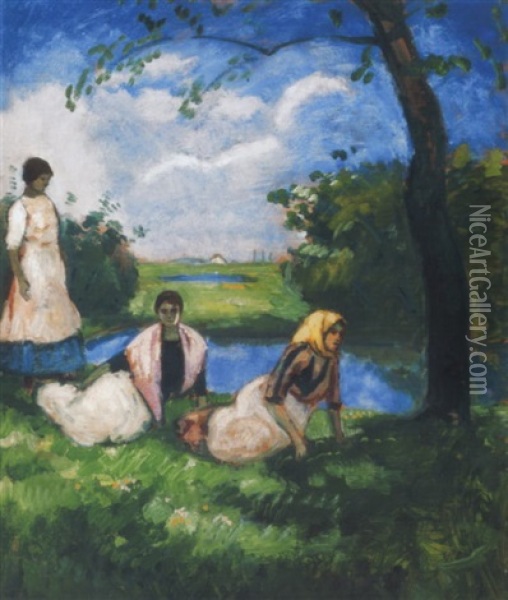 Lanyok A Mezon (girls In The Field) Oil Painting - Bela Ivanyi Gruenwald
