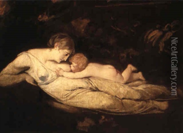 A Mother And Child In A Landscape Oil Painting - George Romney