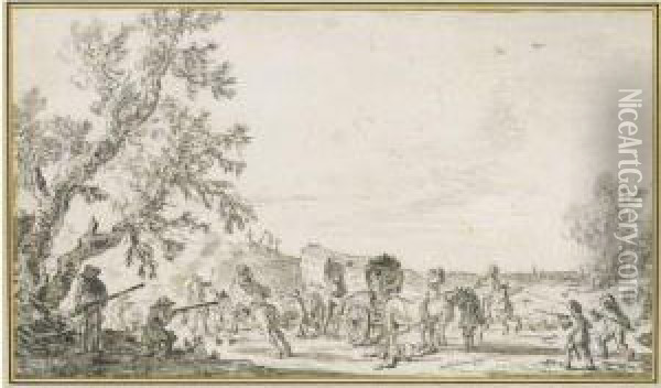 A Band Of Robbers Ambushing A Wagon Oil Painting - Pieter De Molijn