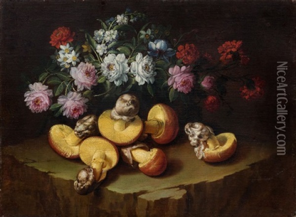Still Life With Flowers And Fungi Oil Painting - Angelo Maria Rossi