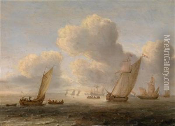 Dreimaster Und Fischerboote In Kustennahem Gewasser Oil Painting - Jan van Goyen