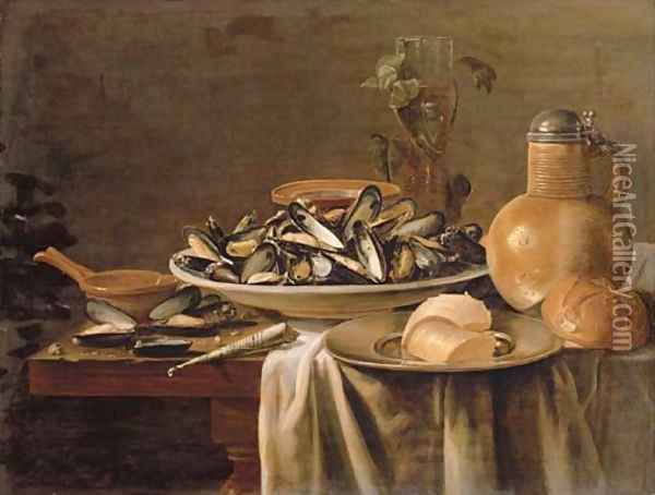 Mussels in a porcelain bowl Oil Painting - Jacob Fopsen van Es