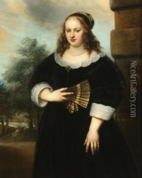 Portrait Of A Lady Holding A Fan With Garden In Background Oil Painting - Jan Lievens