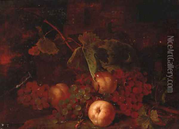 Grapes, peaches with vine leaves on a bank Oil Painting - Tommaso Salini (Mao)